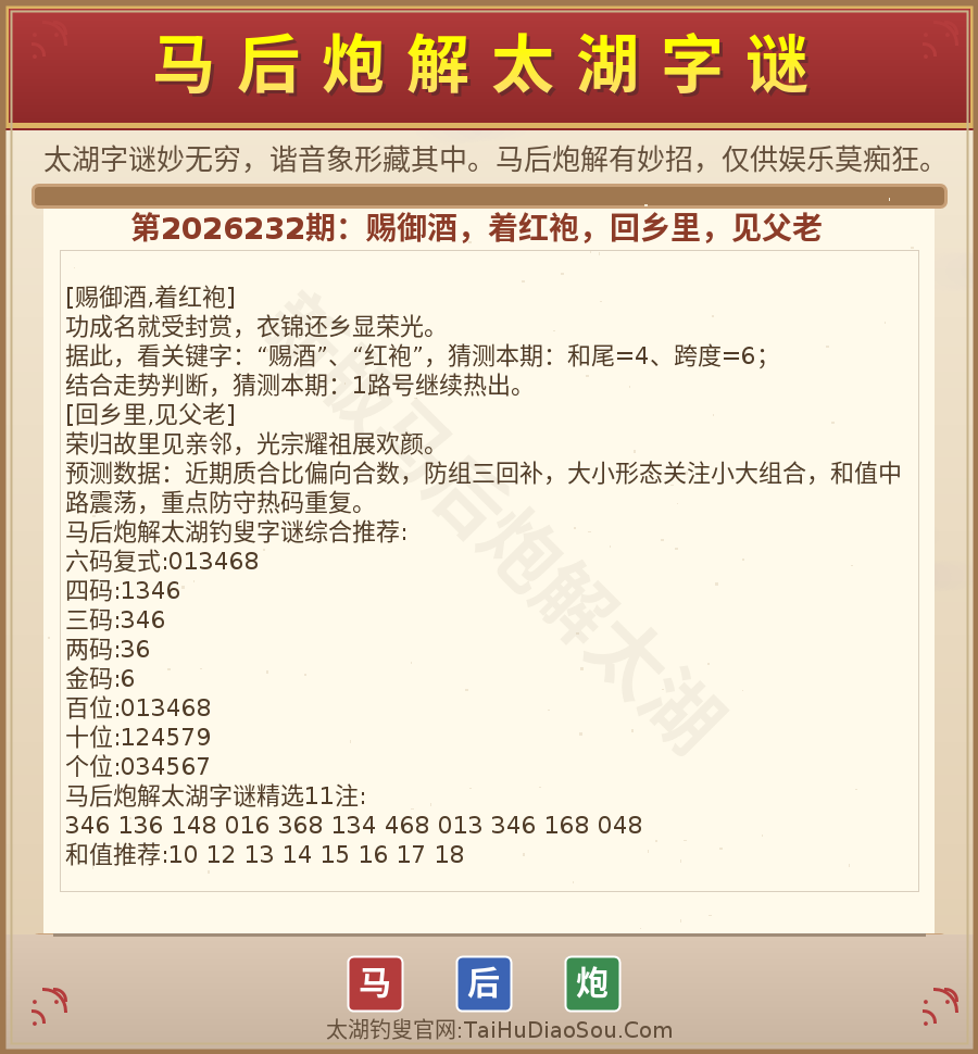 第2026232期马后炮解太湖字谜